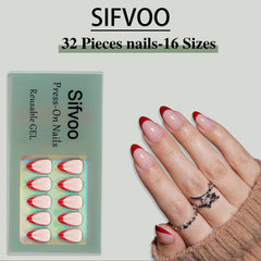 Uñas prensadas Sifvoo rojas con punta francesa y brillo en forma de almendra.