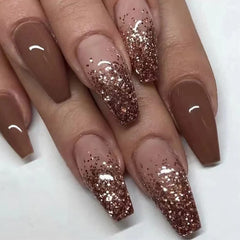 SINHOT uñas postizas estilo ataúd mediano con brillo y gradiente marrón para un look elegante