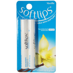SoftLips protector labial SPF 20 de vainilla en empaque doble, hidratación suave y protección diaria.