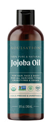 SOULSATION Aceite de jojoba orgánico en frasco, hidratación suave para piel.