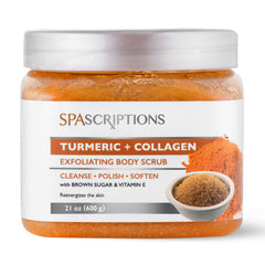 SpaScriptions exfoliante azúcar cúrcuma colágeno en bote, ilumina la piel suavemente.