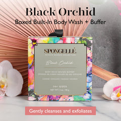 Buffer SPONGELLÉ Black Orchid, textura exfoliante suave para piel más lisa.
