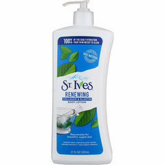 St Ives loción corporal renovadora, botella visible, piel suave y nutrida.