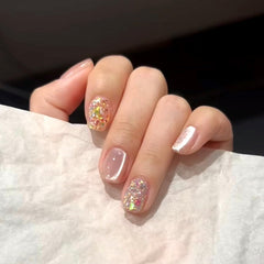 Stbisen 24 uñas cortas cuadradas rosa jelly con glitter para un look juvenil.