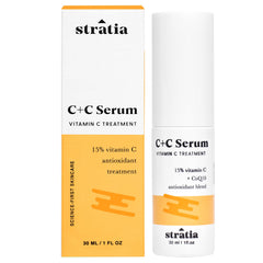 Stratia C+C Serum, botella de vidrio, antioxidante para piel brillante.