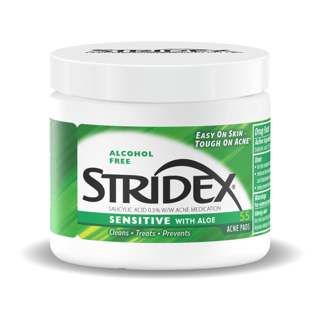 Empaque Stridex Sensitive Aloe para uso diario sin alcohol.