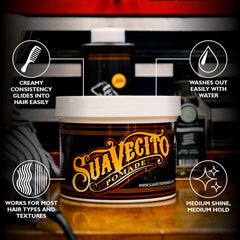 Pomada Suavecito, aplicación suave y rápida para peinados.
