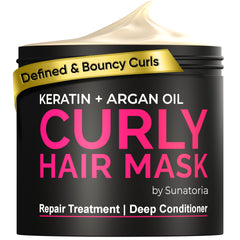 SUNATORIA mascarilla para cabello rizado con argán y keratina, definición y brillo suave.