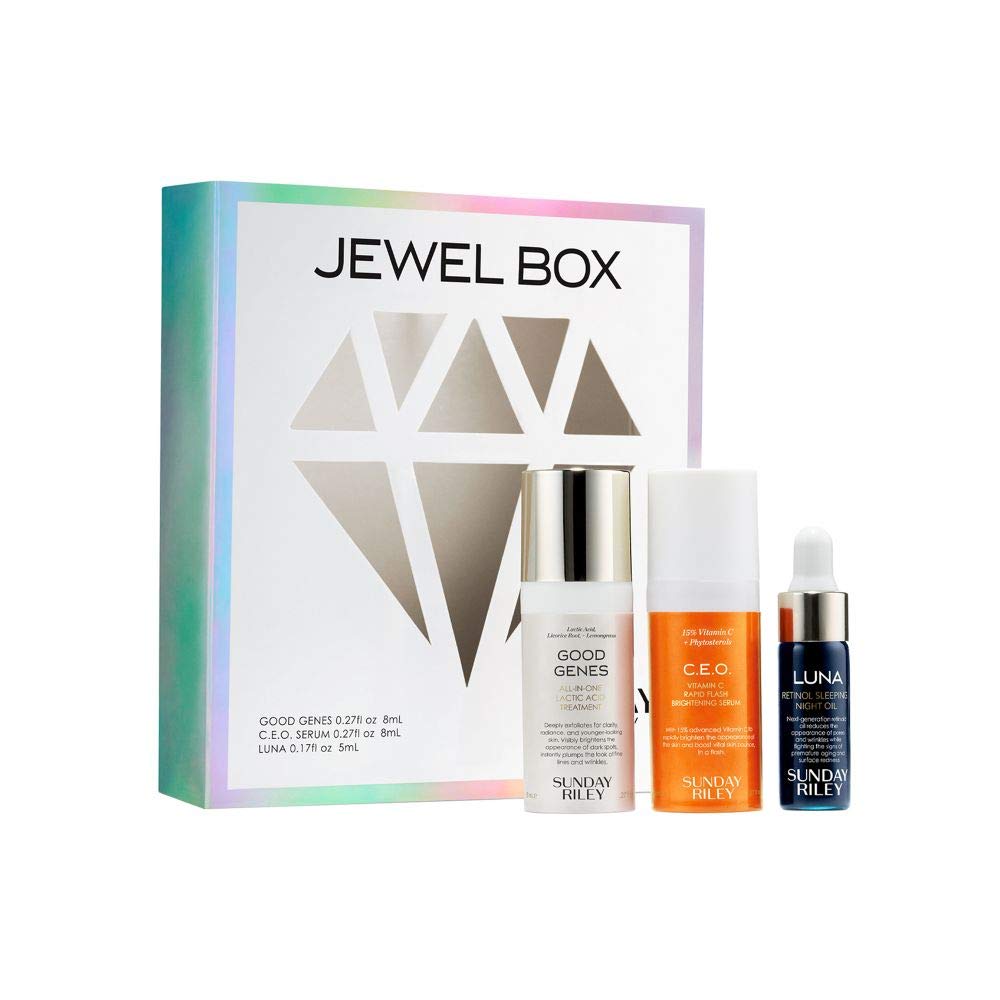 Kit Caja de Joyas Sunday Riley: trío de tratamientos de viaje para piel radiante.