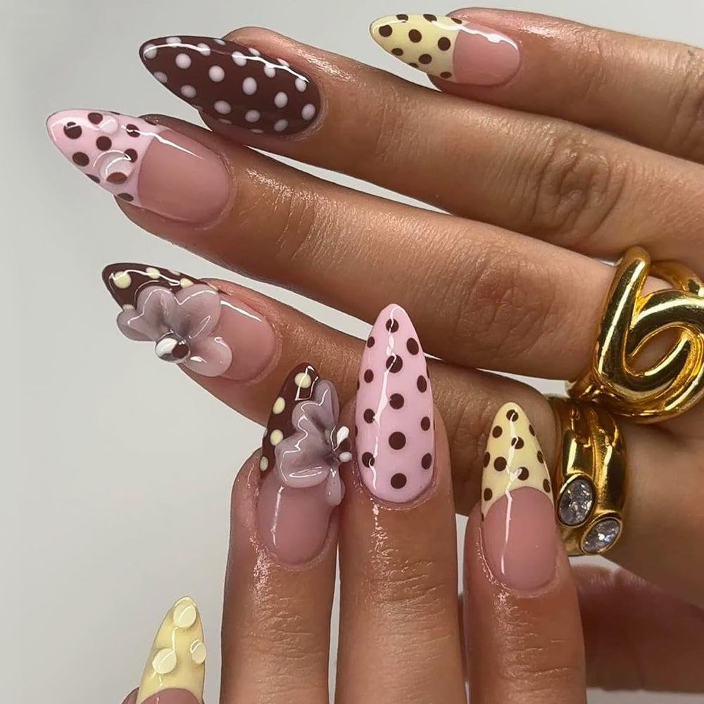 SYPAFG Uñas postizas en almendra con lunares para un look sofisticado.