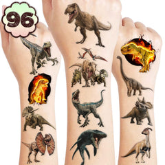 Tatuajes Dinosaurio 3D precortados, paquete de 96 diseños, ideal para fiestas infantiles.