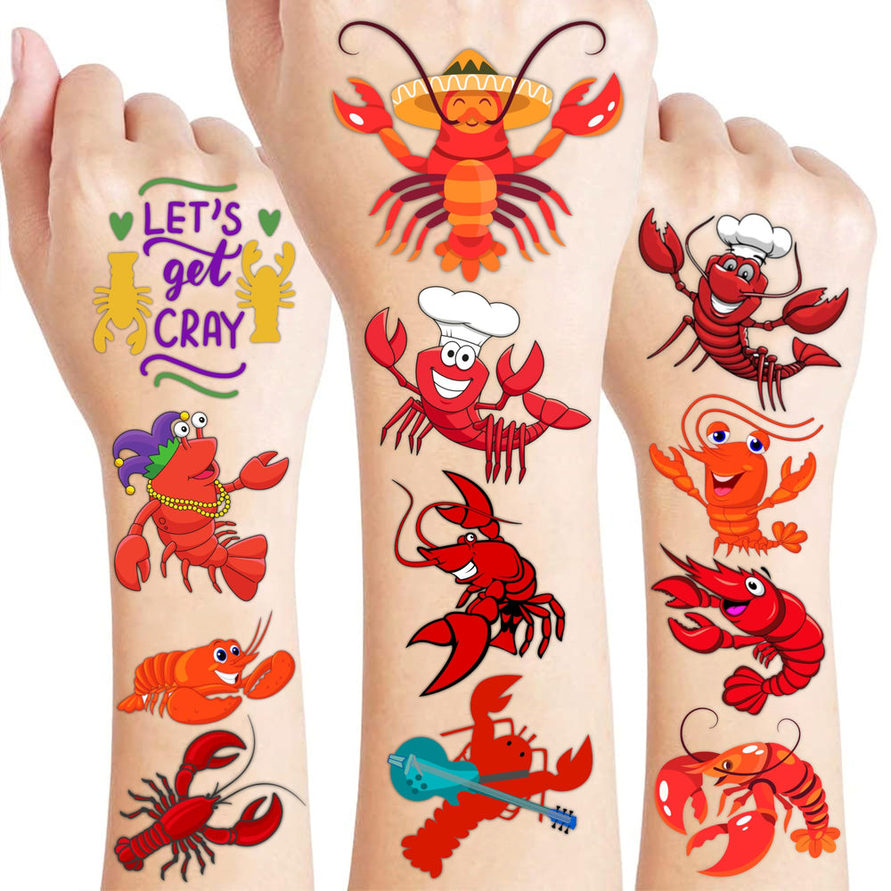 Tatuajes temporales Crawfish: 96 unidades para fiestas divertidas y coloridas.