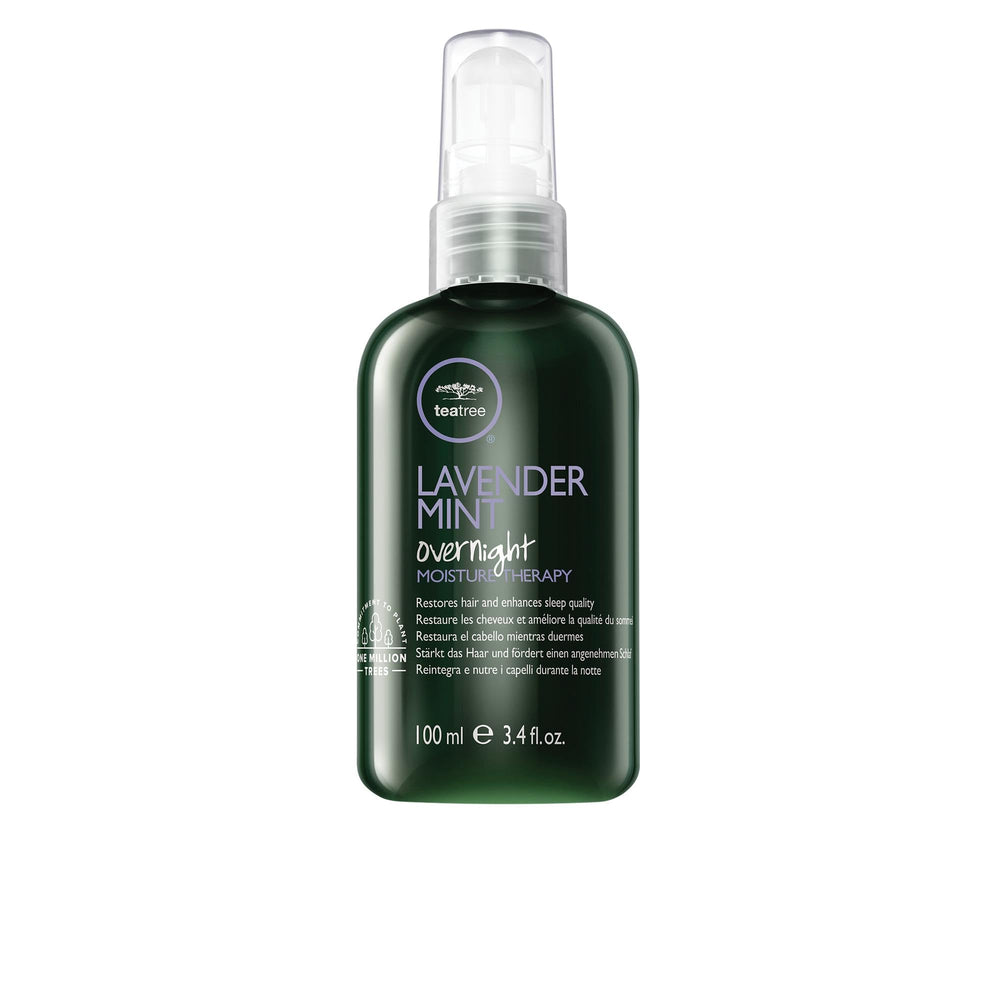Tea Tree Lavender Mint en botella muestra cuidado nocturno para cabello dañado.
