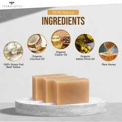 Terra Lotus tallow soap with raw honey ingredients; nourishing and antioxidant-rich