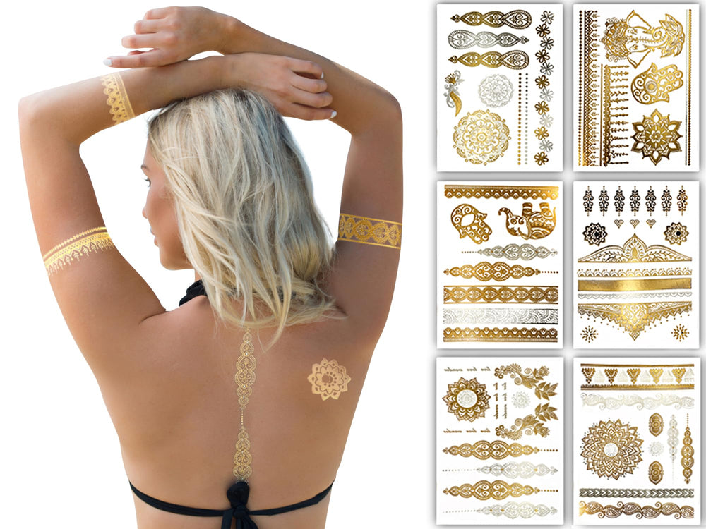 Terra Tattoos mandalas doradas, brillo duradero para festivales.