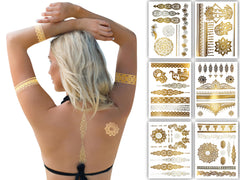 Terra Tattoos mandalas doradas, brillo duradero para festivales.