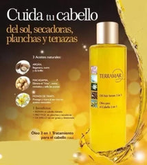 Terramar mano aplicando aceite para hidratación rápida del cabello.