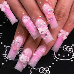 Tezocr 24Piezas Uñas coffin rosa con corazones y perlas, acabado brillante.
