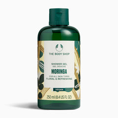 The Body Shop gel de ducha moringa en botella, perfecto para empezar el día con aroma floral.