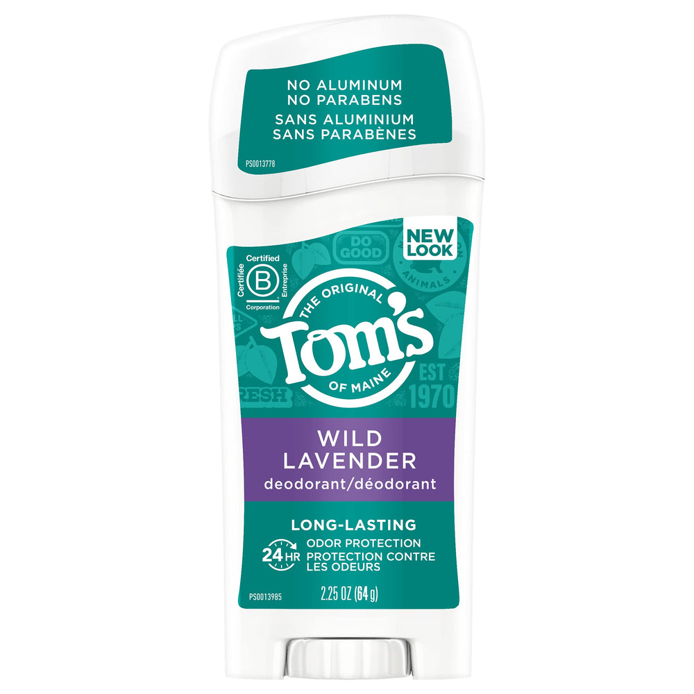 Tom's of Maine Desodorante en barra Lavanda, vista frontal del envase, aroma suave para uso diario.
