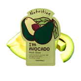 TONYMOLY mascarilla facial de aguacate en hoja para hidratación profunda.