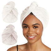 Turbie Twist, toalla de microfibra en doble paquete para secado rápido del cabello.