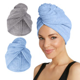 Turbie Twist dos-pack toalla pelo microfibra gris azul: secado rápido y suave.
