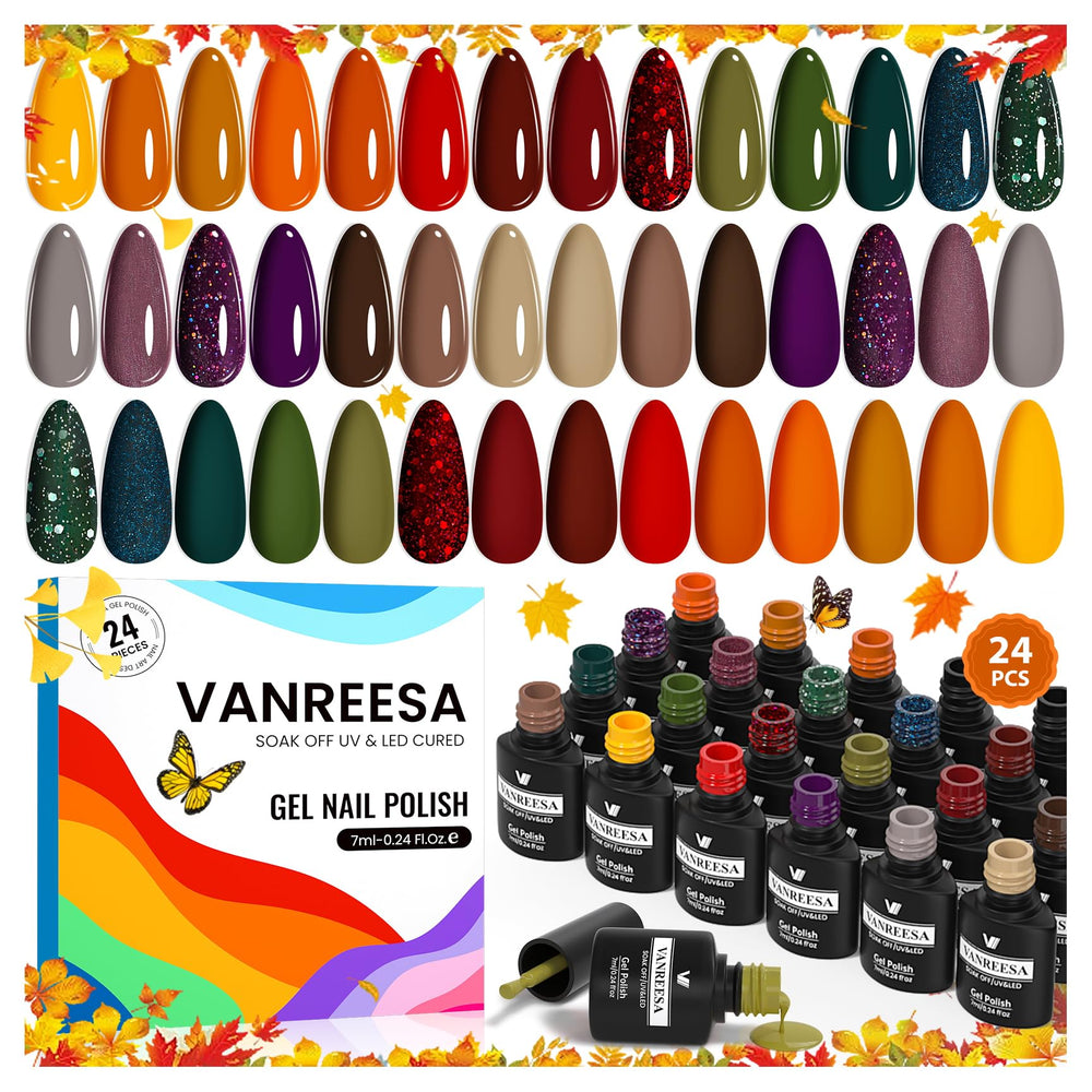 Set VANREESA de gel para uñas con 21 colores, ideal para manicuras otoñales.