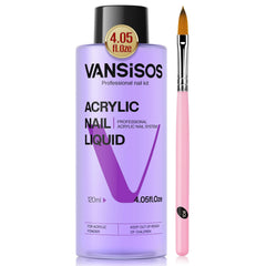 VANSISOS monomero acrilico, envase de 4 oz, pincel incluido, aplicación suave y uniforme.