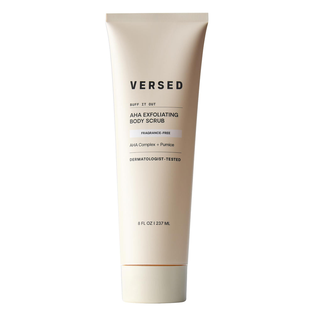 Versed Buff It Out, vista frontal del bote, exfoliante suave para piel suave y uniforme.