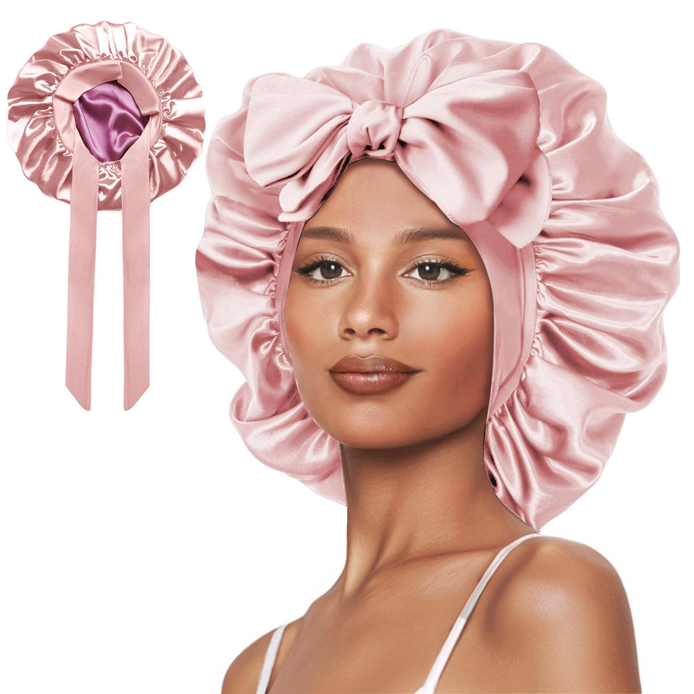 Vettres bonete de seda rosa doble capa, ideal para dormir y proteger el cabello.