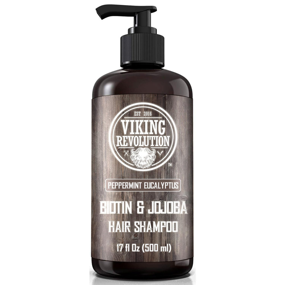 Champú Viking Revolution con biotina para hombres, frasco dispensador, sensación fresca y uso diario.