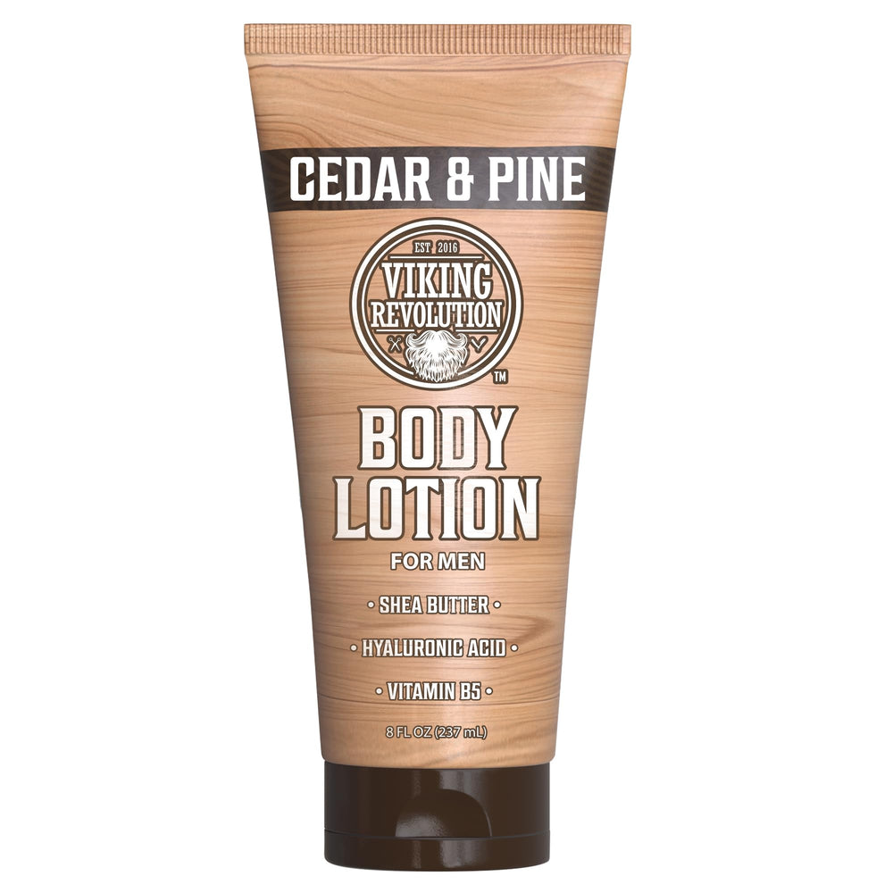 Loción corporal Viking Revolution para hombres con aroma a cedro y pino, hidratación duradera.