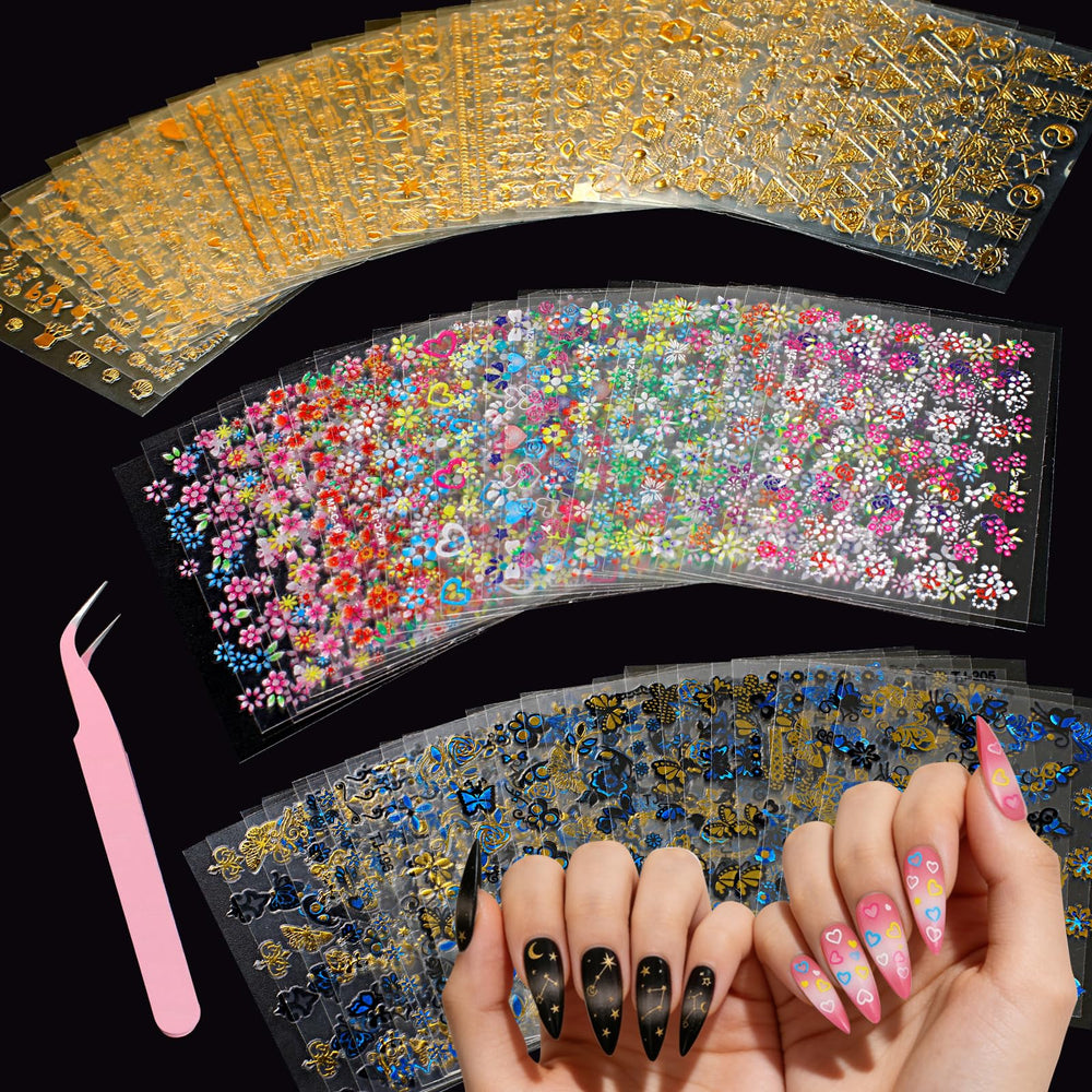 Vivinin set de pegatinas para uñas 3D florales, versátil para estilos.