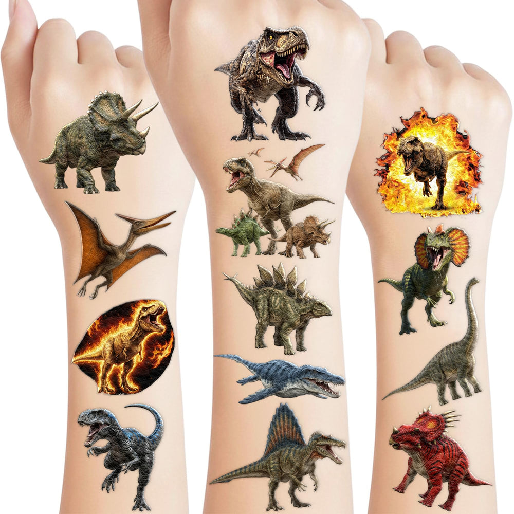 Tatuajes de dinosaurio VNXCRAFTIES, set de 8 hojas, ideal para fiestas temáticas.