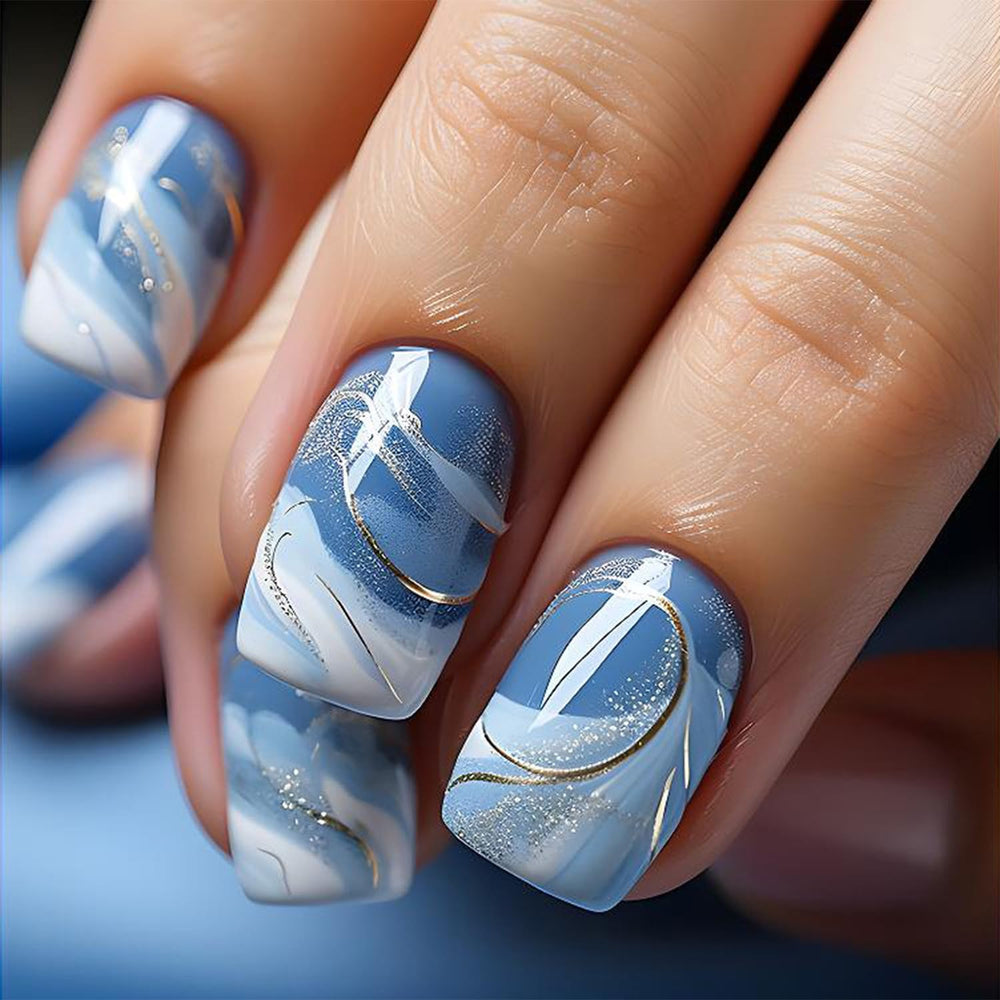 Uñas postizas Vopintpy degradado azul-blanco, forma corta cuadrada, acabado brillante para uso diario