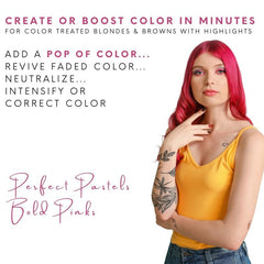 Watercolors champú depósito color rosa - muestra el tono vibrante en el cabello.