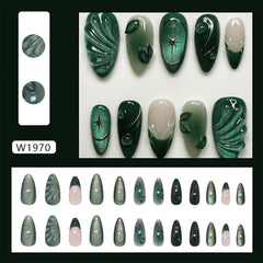 Uñas acrílicas WBRRFJJ verdes con hojas 3D y brillo duradero.
