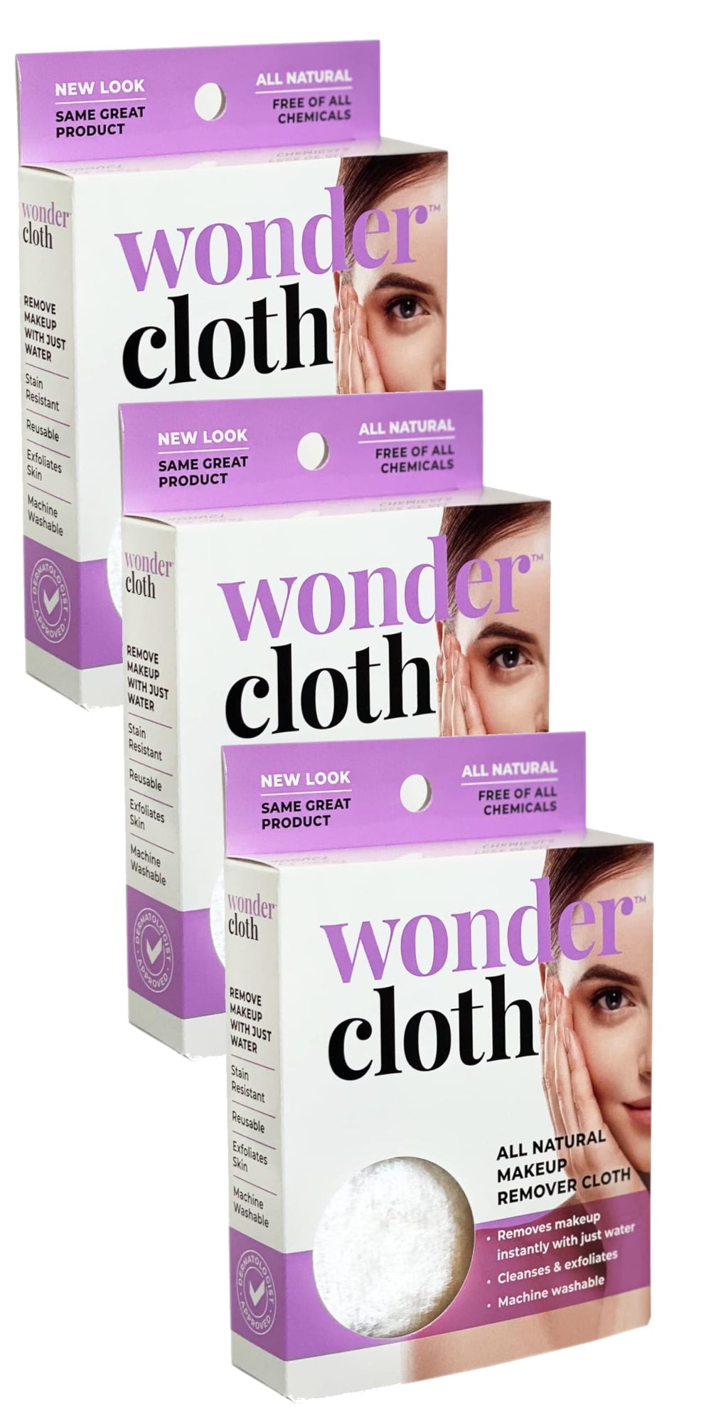Wonder Cloth lote de tres quita maquillaje con agua de forma suave y eficaz.