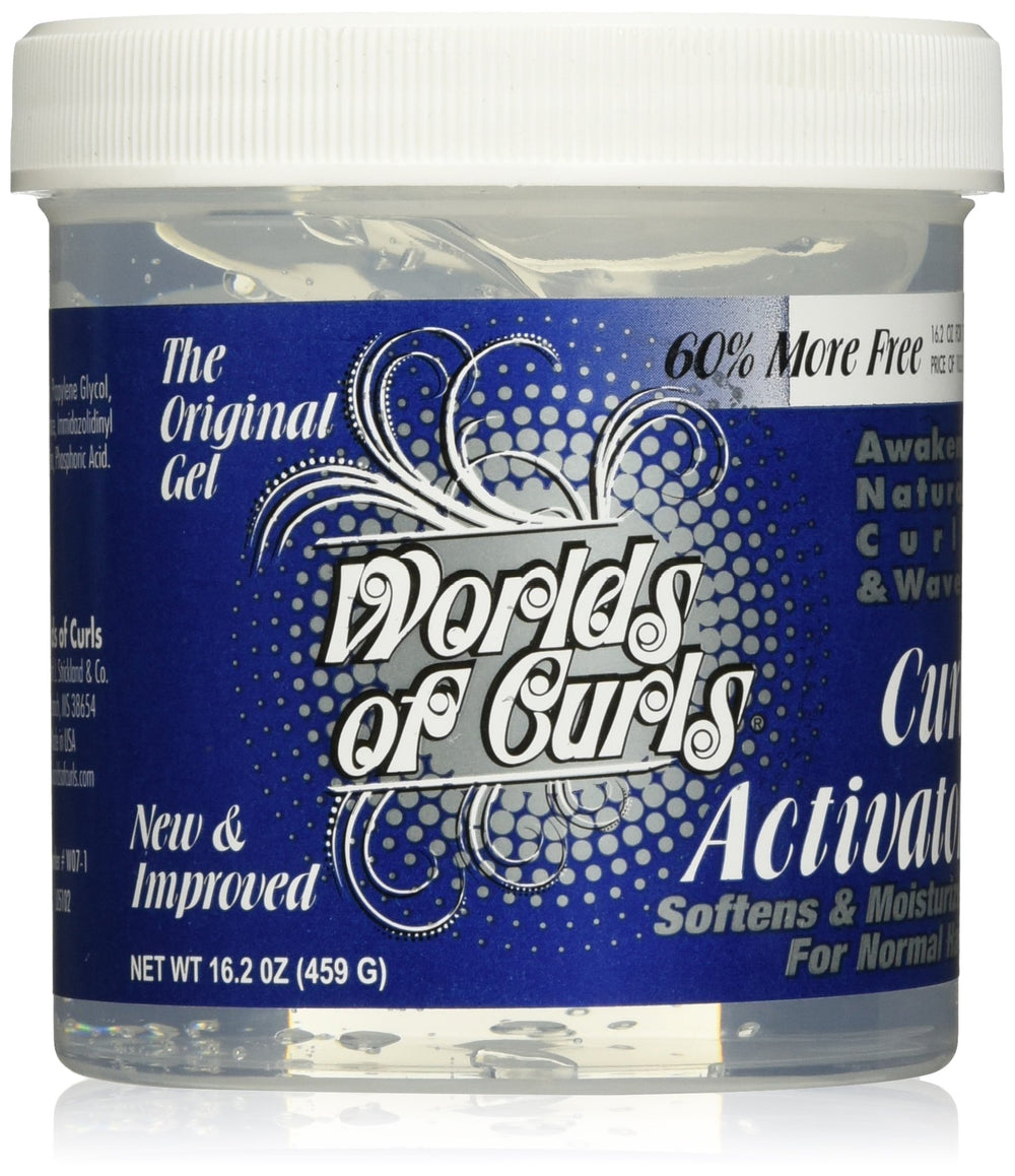 Botella de gel activador de rizos Worlds Of Curls con definición drástica.