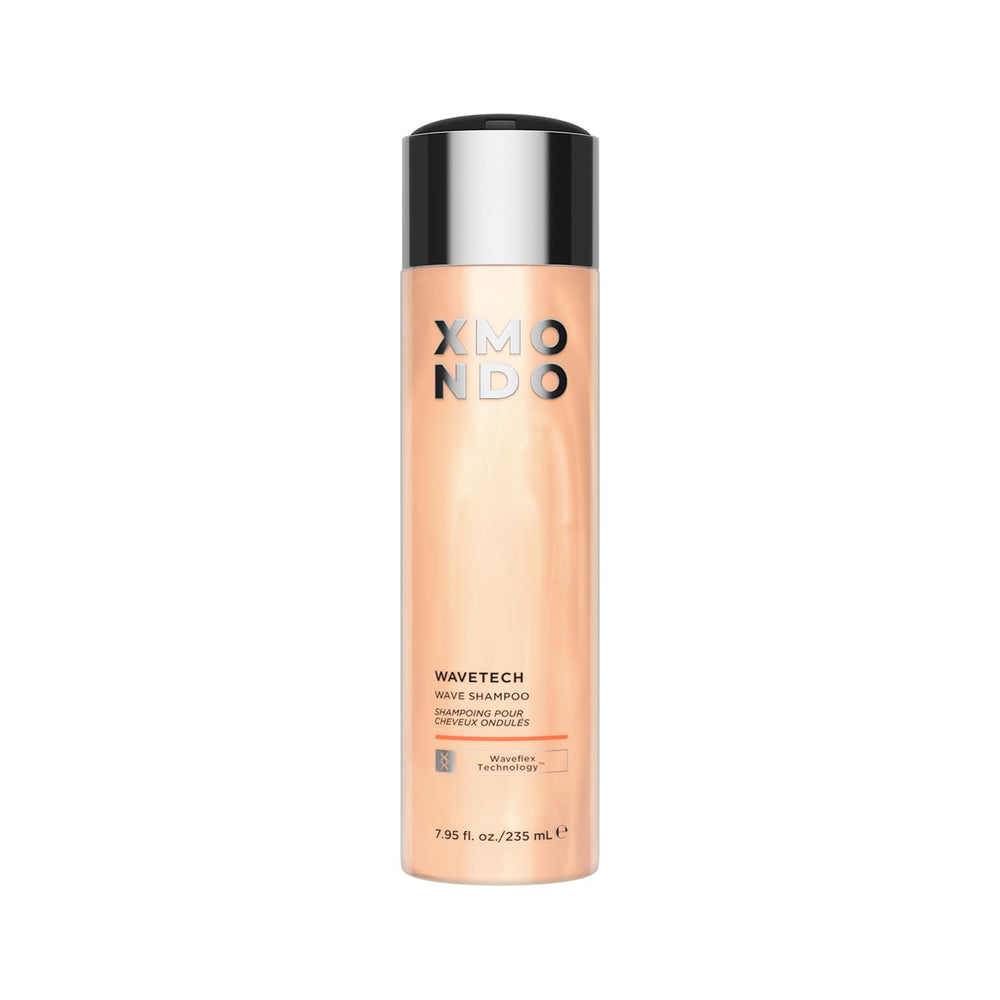 XMONDO Hair Wavetech Shampoo, botella visible, hidrata cabello y define ondas suaves.