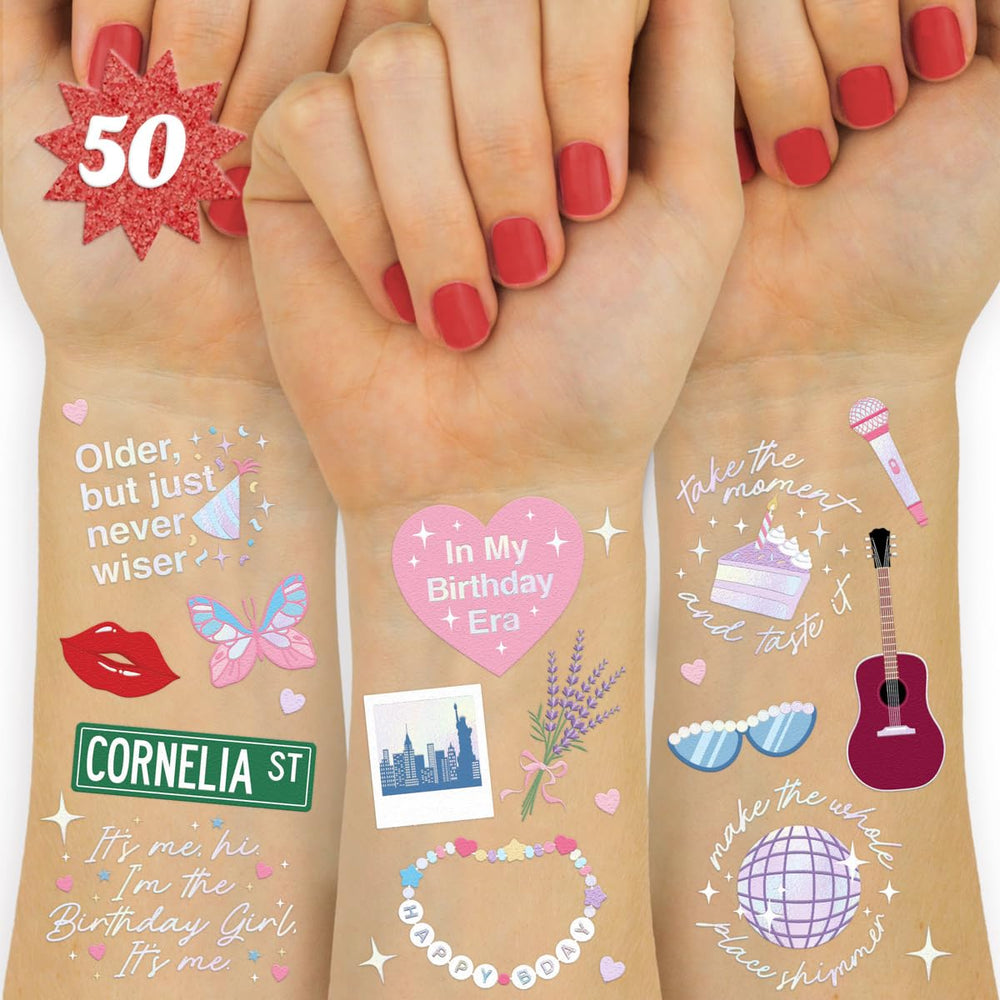 Tatuajes xo Fetti iridiscentes en dos hojas, ideales para decorar fiestas.