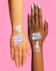 Tatuajes metalizados XO Fetti con diseños del Último Disco para fiestas.