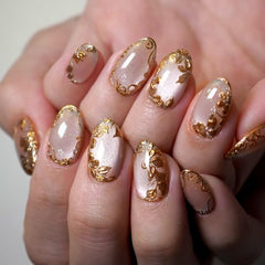 XZMeiLun uñas pegables con hoja de oro en almendra corta, uso diario elegante.