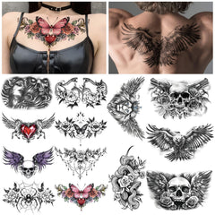 Tatuaje Yazhiji para pecho bajo con rosa y flor, look audaz para fiestas