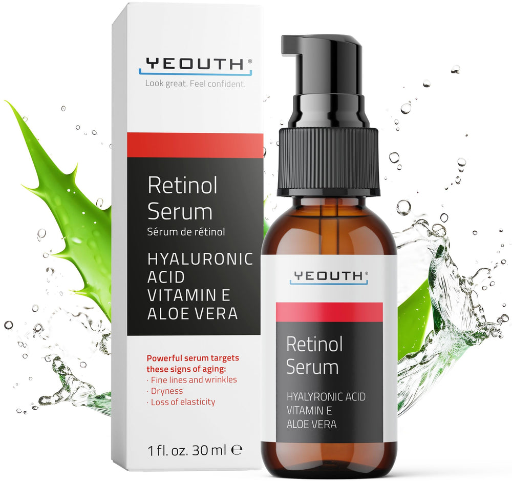 YEOUTH Retinol Serum con ácido hialurónico en frasco, hidrata profundamente la piel.