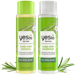 Yes To champú arbol-de-te y salvia, botella visible, sensación fresca para el cuero cabelludo