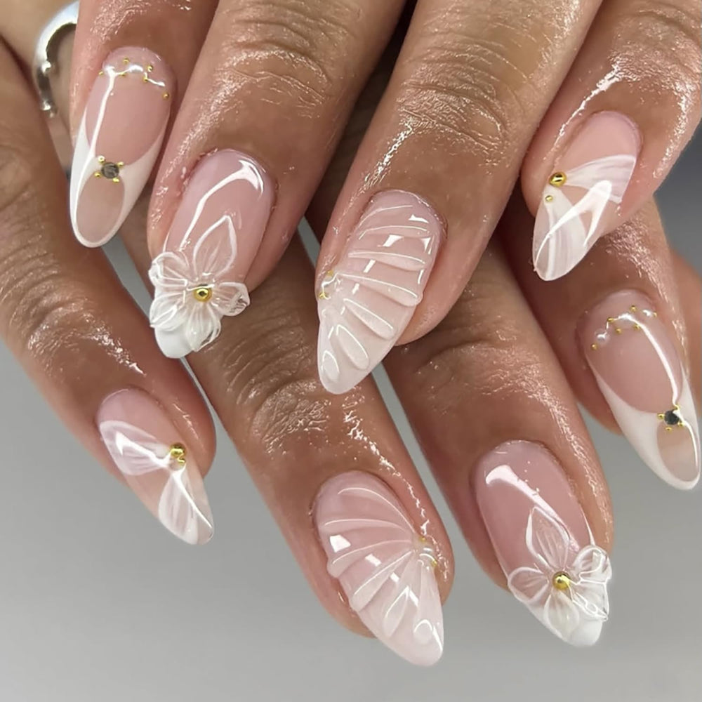 ZASKHLD uñas pegables blanco frances concha, acabado elegante para verano.