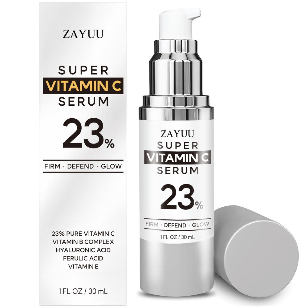 Sérum ZAYUU Vitamina C 23% en bote, aplicación suave y luminosa.