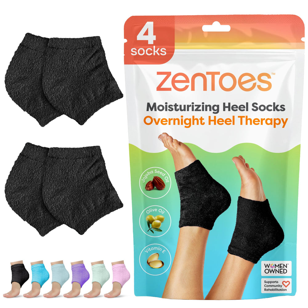 Calcetines ZenToes para talones negros y acolchados, cuidado suave durante la noche.